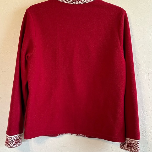 L.L.Bean Red & White Festive Winter Pattern Trim Fleece Cozy Holiday Jacket Sz M - Picture 6 of 11
